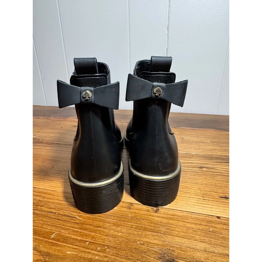 Kate Spade Edimburg Rain Boots Women 8 Black Gold Trim Bow Chelsea Ankle Boot